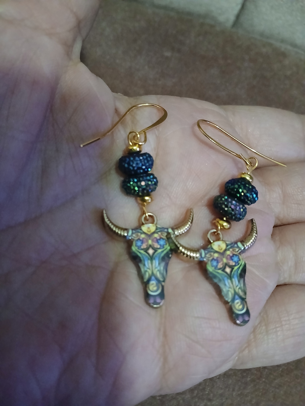 Gold-Tone Floral Bull Head Earrings with Multicolor Beads